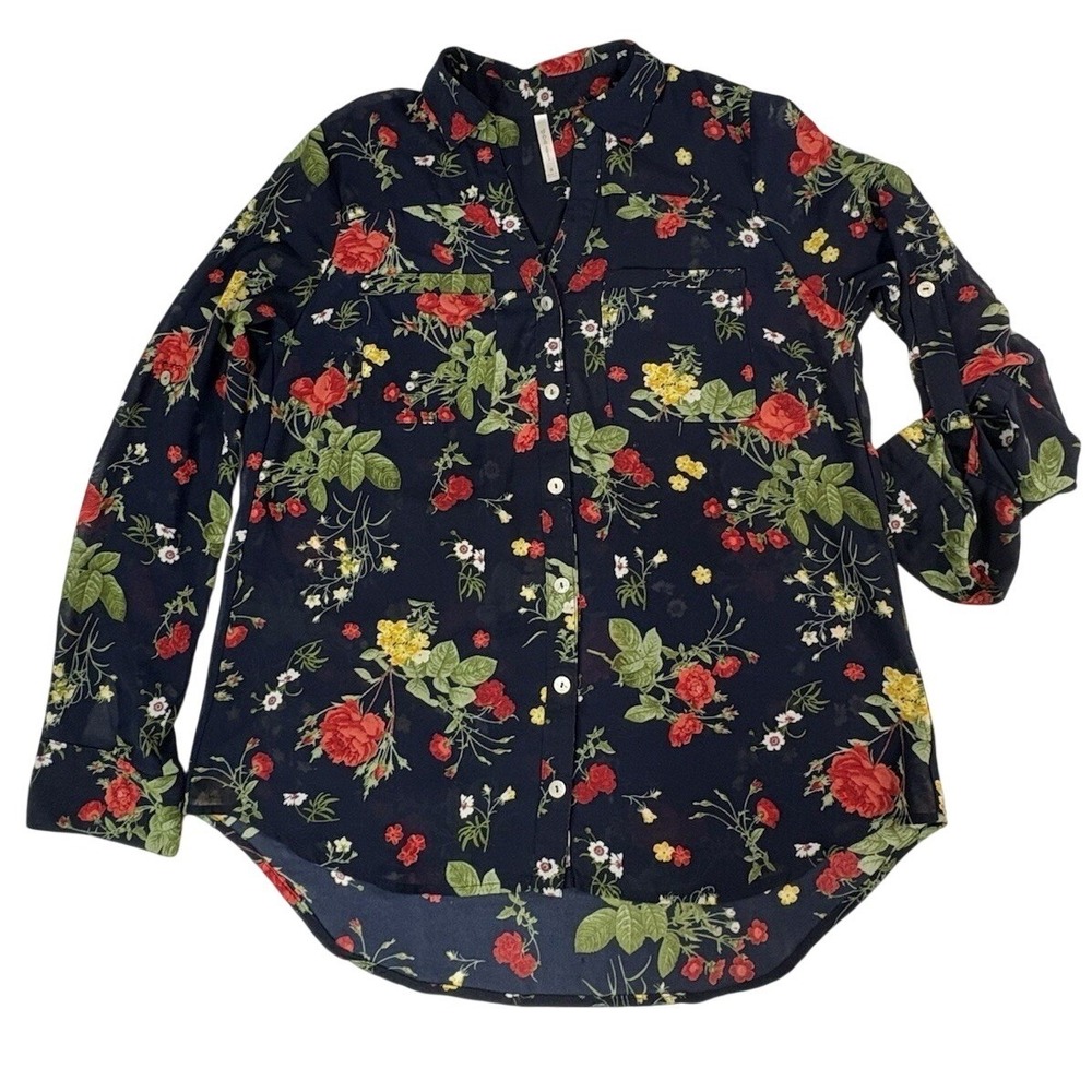 DNA Couture Blouse Sheer See Through Navy & Red Floral Fairy Coquette Y2K Boho